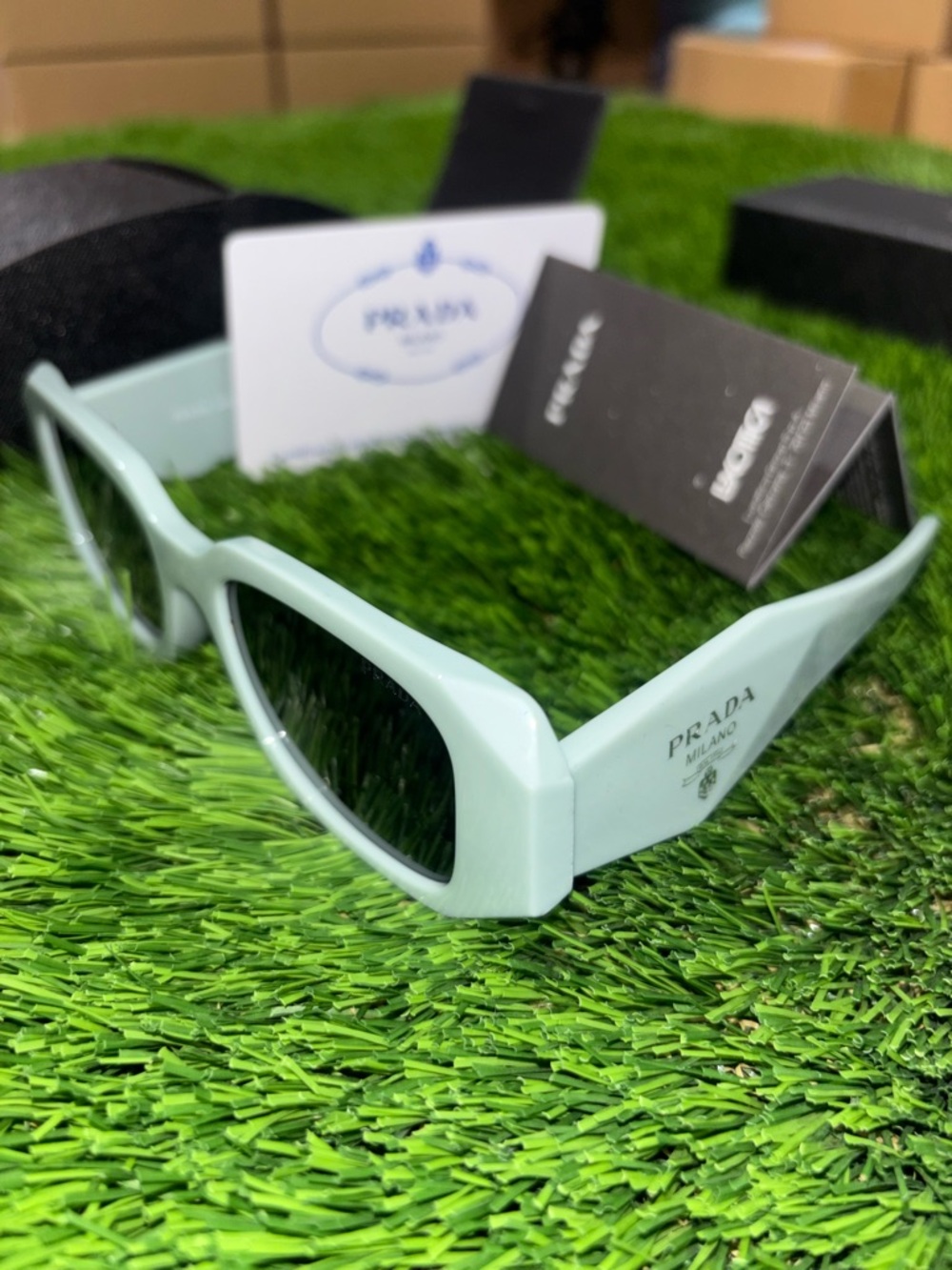 Prada Mint Green Chunky Rectangular Sunglasses